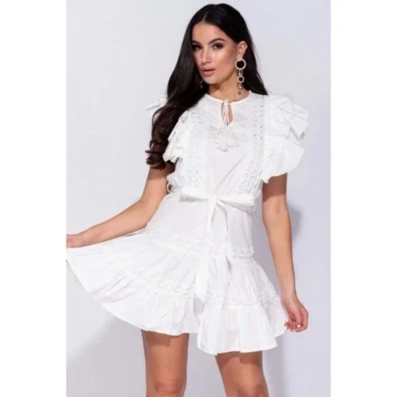 White Lace Trim Short Sleeve V-Neck Tiered Mini Dress - Picture 10 of 17